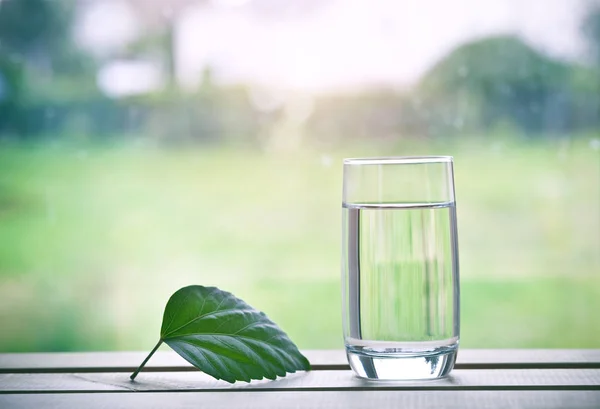 Glas Zuiver Natuurlijk Water Groen Blad Natuurlijke Ochtend Achtergrond Ruimte — Stockfoto