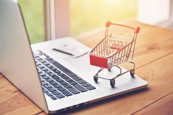 Laptop Met Creditcard Trolley Als Symbool Van Online Winkelen Betalen — Stockfoto