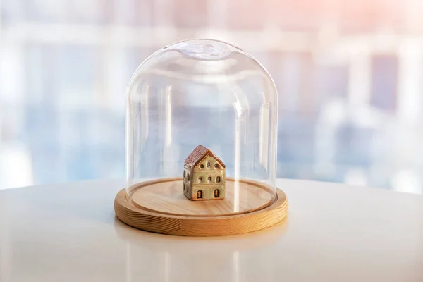 Ceramic Model House Glass Cap Symbol Safe Home Insurance Protecting — Stock Photo, Image