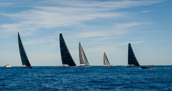 Racing sailing yachts with black sails