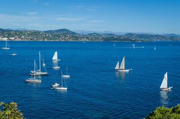 Zatoka Śródziemnomorska z jachtami żaglowymi na kotwicy. Zatoka Saint-Tropez. — Zdjęcie stockowe