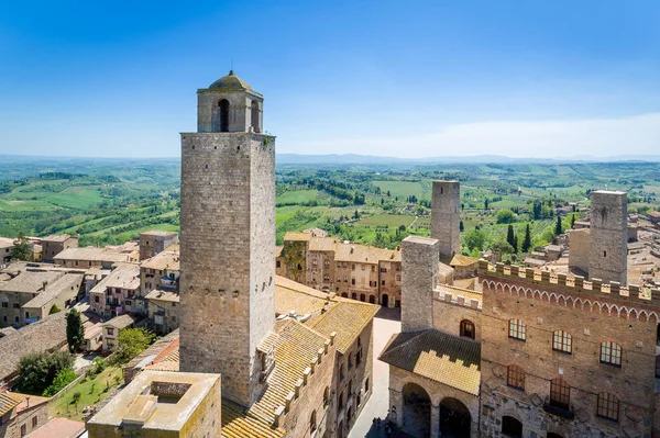 Aerial view of San Gimignano and Toscana fields — Stok fotoğraf