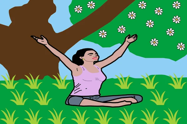 Young attractive female meditate in nature. Young woman practicing morning meditation in nature at the park. Health lifestyle concept.