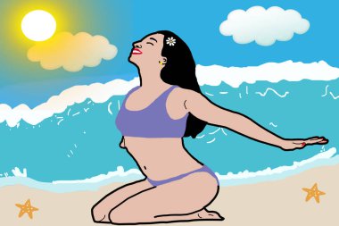Güzel genç kadın diz güneşli Sahilde uzanmış kolları ile zevk. Mutlu genç kadın yoga gülüyor yapıyor mor bikini ile.