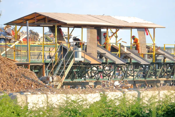 Une Chaîne Montage Industrielle Extérieure Travailleurs Trie Les Débris Bois — Photo