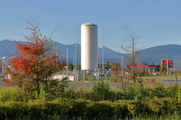 Vollansicht Eines Großen Flüssiggastanks Der Senkrecht Einem Gemeindegebiet Steht — Stockfoto