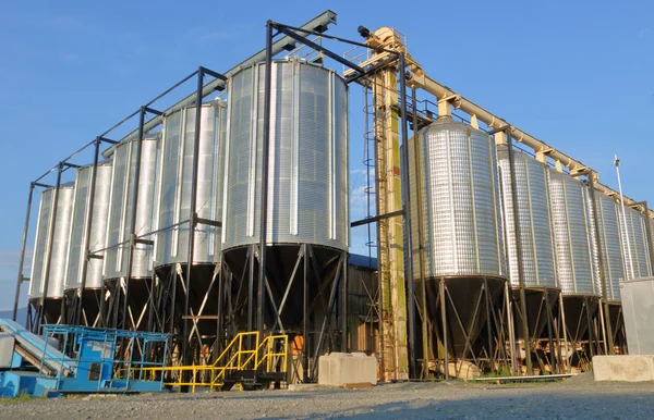 Large Industrial Pellet Grain Bins Used Containing Livestock Fish Feed — Stock Photo, Image