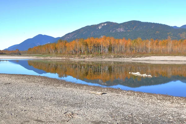 明るい秋の日の間に浅い川に反射 カナダの荒野で夏の乾燥後の砂州と川岸を公開します — ストック写真