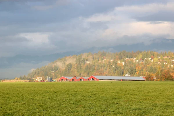 Landschapsmening Van Landbouwbedrijfsgebouwen Rode Vallei Aan Voet Van Hectare Prime — Stockfoto