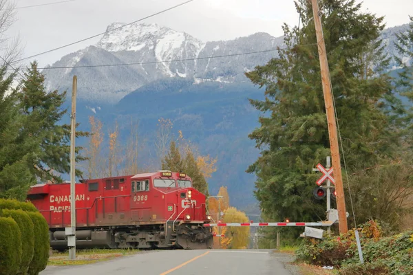 Trem Carga Canadense Pacífico Atravessa Uma Estrada Com Vista Para — Fotografia de Stock