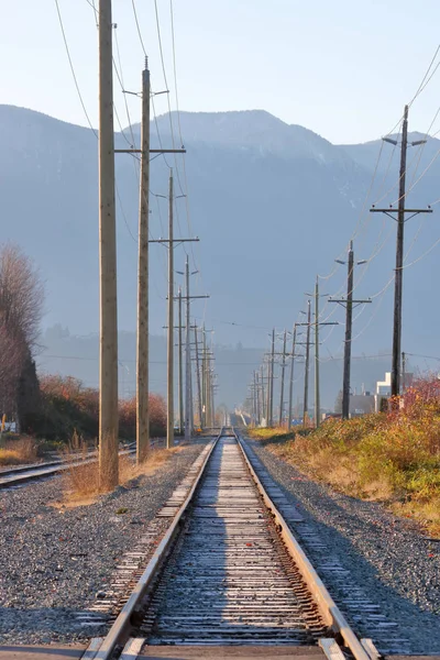 Vista Vertical Início Inverno Gelo Trilhos Ferroviários Que Correm Direção — Fotografia de Stock