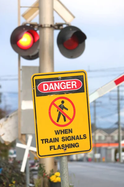 Close Vertical View Warning Sign English Stands Front Flashing Train — Stock Photo, Image