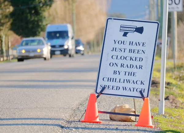 Sign Informs Motorists Speed Being Checked Volunteers Working City Chilliwack — Stock Photo, Image