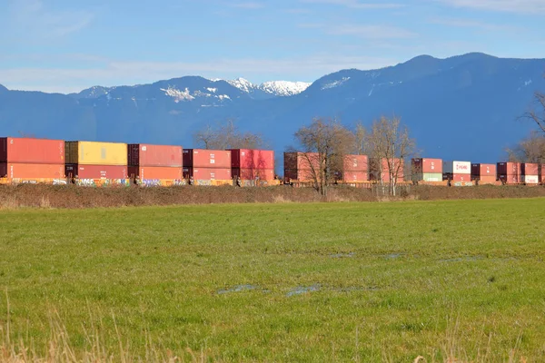 2019 日のチリワック カナダに近い Fraser の谷を通してフラット ベッド鉄道車両で輸送貨物箱のスタックのプロファイル表示 — ストック写真