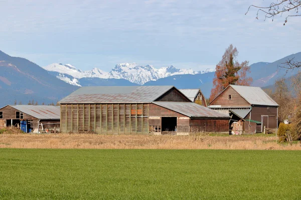 Bred Liggande Gamla Träram Gård Byggnader Set Framför Snö Utjämnade — Stockfoto