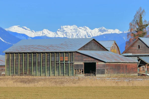 古い木製アルパイン納屋またはファーム建物 雪で覆われた山範囲を背景に — ストック写真