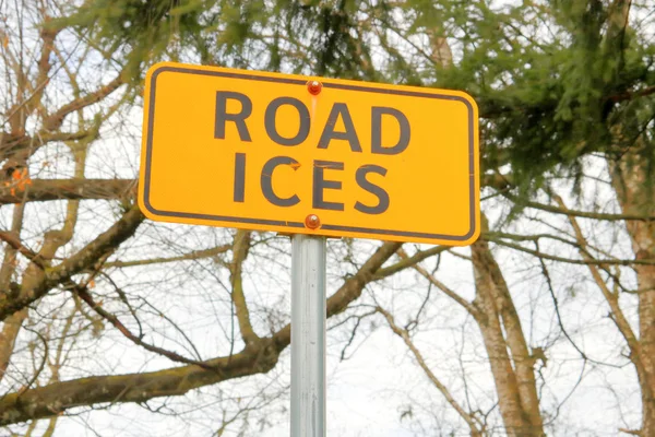 Sürücülerin Yol Buzlu Olabilir Uyardı Bir Işaret Yakın Detaylı Göz — Stok fotoğraf