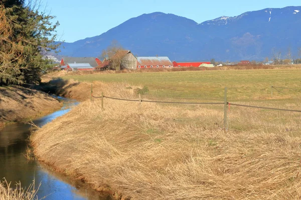 Liggande Kanal Och Torrt Gräs Framför Byggnader Dal — Stockfoto