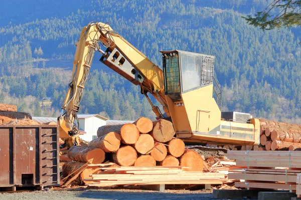 Ein Kleiner Industrieller Rundholzlader Wird Zum Sortieren Und Stapeln Roher — Stockfoto