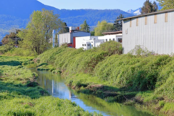 Wide View Small Industrial Warehouses Lining Edge Narrow Long Creek — Stock Photo, Image