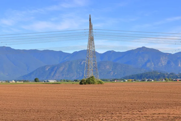 Geradeaus Auf Einen Wasserkraftmast Der Auf Landwirtschaftlichen Flächen Steht Und — Stockfoto