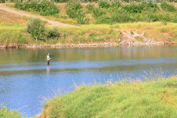 在阳光明媚的夏天 在淡水溪流上欣赏休闲渔夫的广阔景色 — 图库照片
