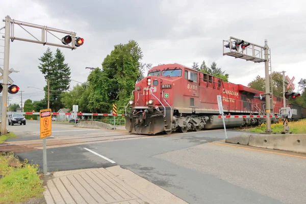 Motor Tren Del Pacífico Canadiense Cruza Una Carretera Chilliwack Canadá —  Fotos de Stock