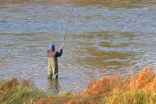 一个男人站在河里 拿着他的钓竿和钓丝抛绳 站在他的近视上 — 图库照片