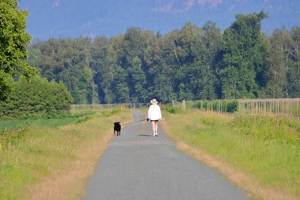 Wide View Middle Aged Woman Walking Her Black Lab Scenic — Stock Photo, Image