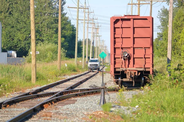 Een Treininspectievoertuig Speciaal Uitgerust Het Spoor Rijden Zodat Individuele Treinwagons — Stockfoto