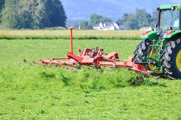 Traktor Vytáhne Stroj Který Používá Rozmetání Čerstvě Sklizeného Sena — Stock fotografie