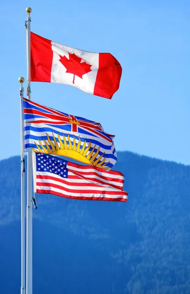 Vista Vertical Bandera Hoja Arce Canadiense Acompañada Una Bandera Columbia — Foto de Stock