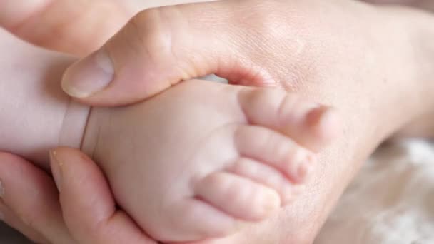 Mão Mãe Nos Pés Bebé Perto — Vídeo de Stock