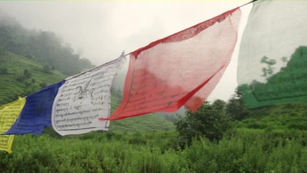 一个美丽的风景 作为一个背景上的 Slowmotion 视频尼泊尔的祈祷 Flaglets — 图库视频影像