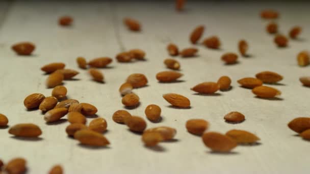 Biji Almond Tersebar Atas Meja Putih — Stok Video