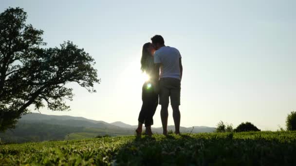 若いカップルが夕日を見つめながら丘の上の彼らの手を押しながらキス — ストック動画