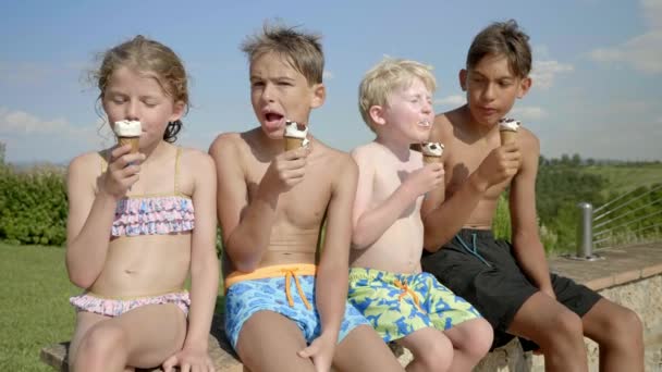 Четверо Друзей Сидят Заборе Едят Мороженое Пляже — стоковое видео