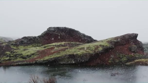 Det snöar på sjön, Island — Stockvideo