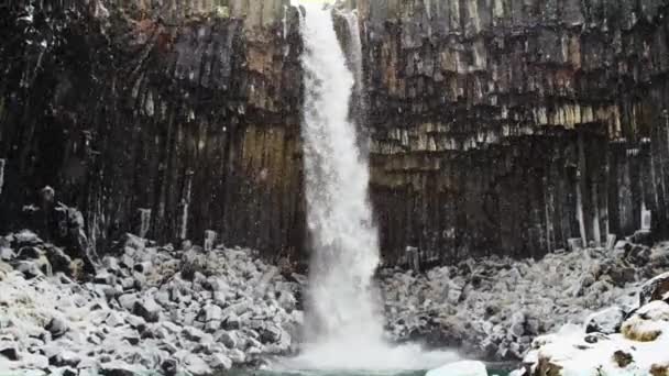 Beroemde uitzicht op de waterval Svartifoss, IJsland. — Stockvideo
