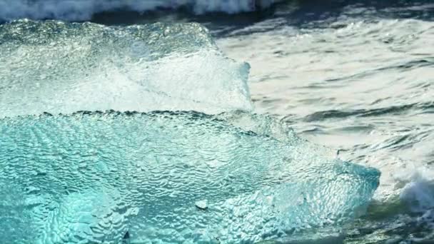 ダイアモンド ビーチ アイスランドの水の真ん中に座って Iceberge のクローズ アップ撮影 — ストック動画