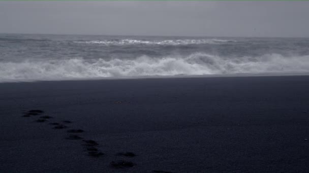 Vista frontal de las olas estrellando la playa negra — Vídeo de stock