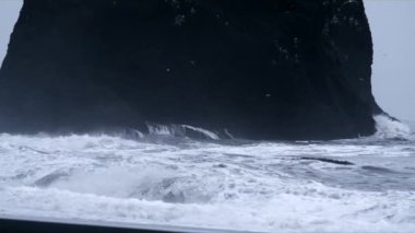 Kuşlar ve bazalt taşı, siyah plaj, dalgalar