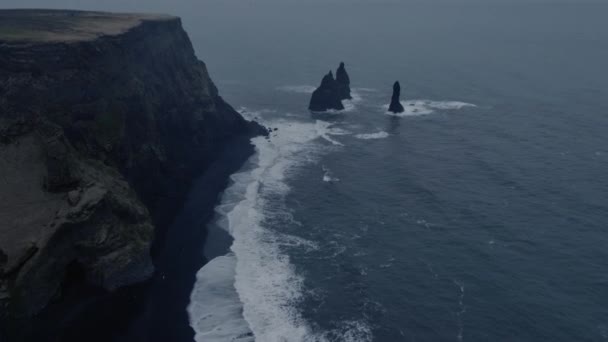 Aerial Shot Pillars Camera Pans Out Crashing Waves Black Sand — Stock Video