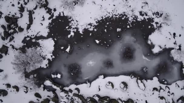 池の端に忍び寄る氷池の空中ショット — ストック動画