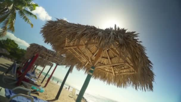 Ρηχά Dof Για Μια Αχύρου Καλύβα Στην Παραλία Βαραντέρο Στην — Αρχείο Βίντεο