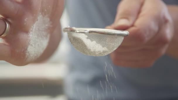 Close Shot Confectioners Sugar Being Sifted — Stock Video
