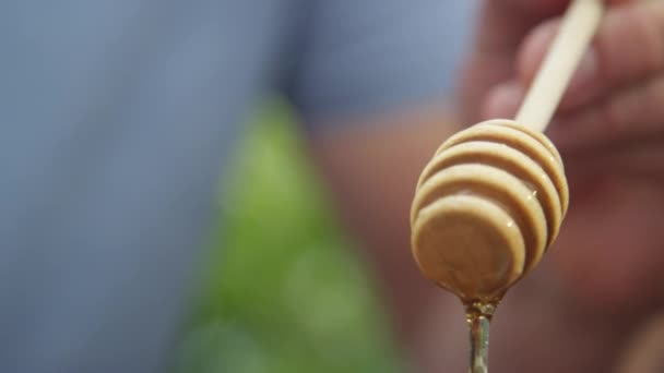 Närbild Skott Honung Strömstare Medan Honung Gushes Tillbaka Hoeny Burken — Stockvideo