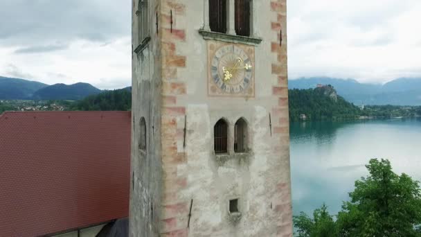 Shot from the Church Clock Tower to the Panoramic View of Lake and Mountains — Stock Video