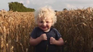 Buğday tarlasının ortasında duran kıvırcık sarı saçlı çocuk.