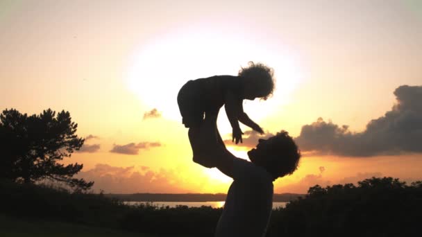 Medium Shot of a Father Playfully Holding His Son Up in His Arms — Stock Video